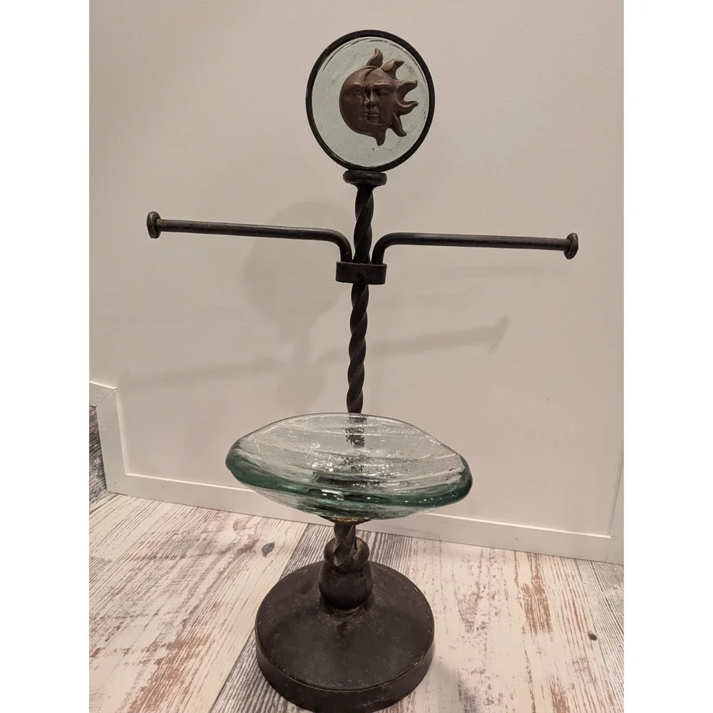 Rustic Countertop Forged Iron Hand Towel Holder Glass Soap Dish Sun Moon Emblem